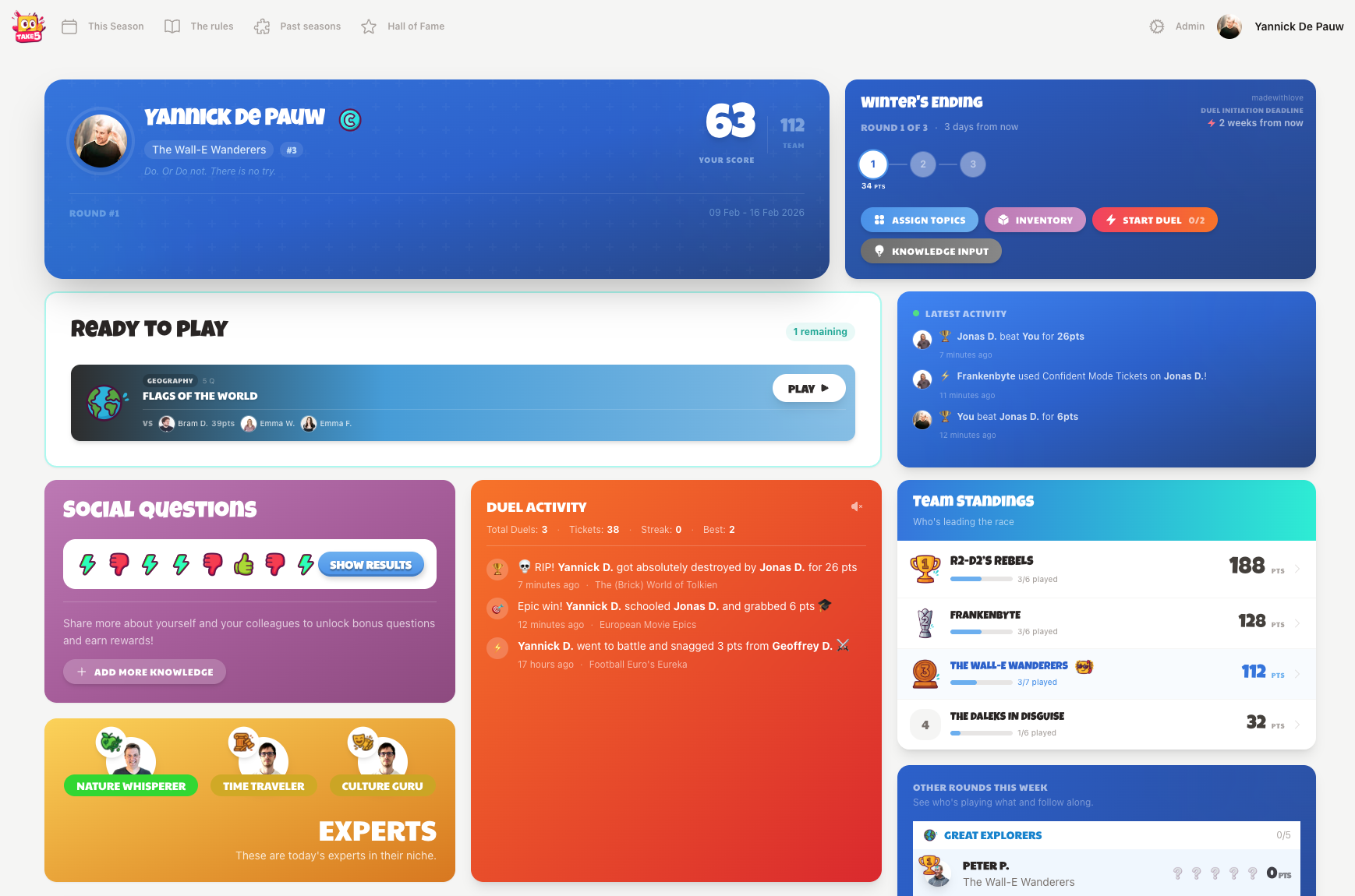 Take Five dashboard showing team standings, duels, and activity feed